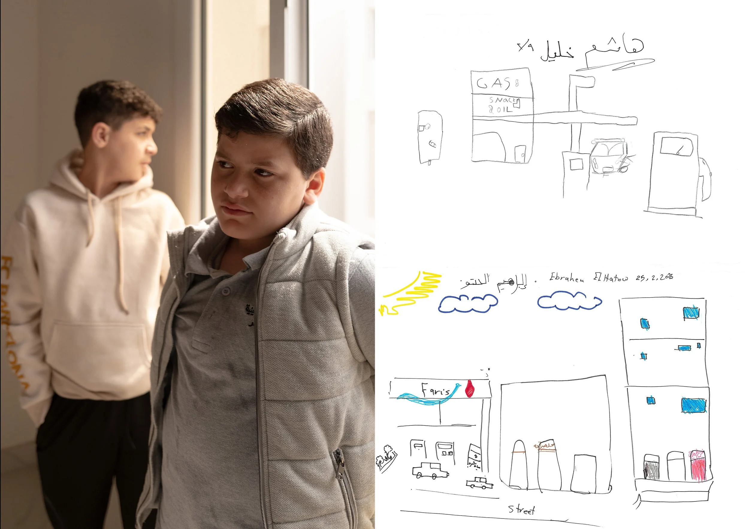 The al-Hatow brothers — Asham, 14 (left), and Ibrahim, 10 (right). Asham originally dreamed of becoming a civil engineer, inspired by his father, who drove a truck used in street construction. His dream has shifted now. He hopes to own a gas station 