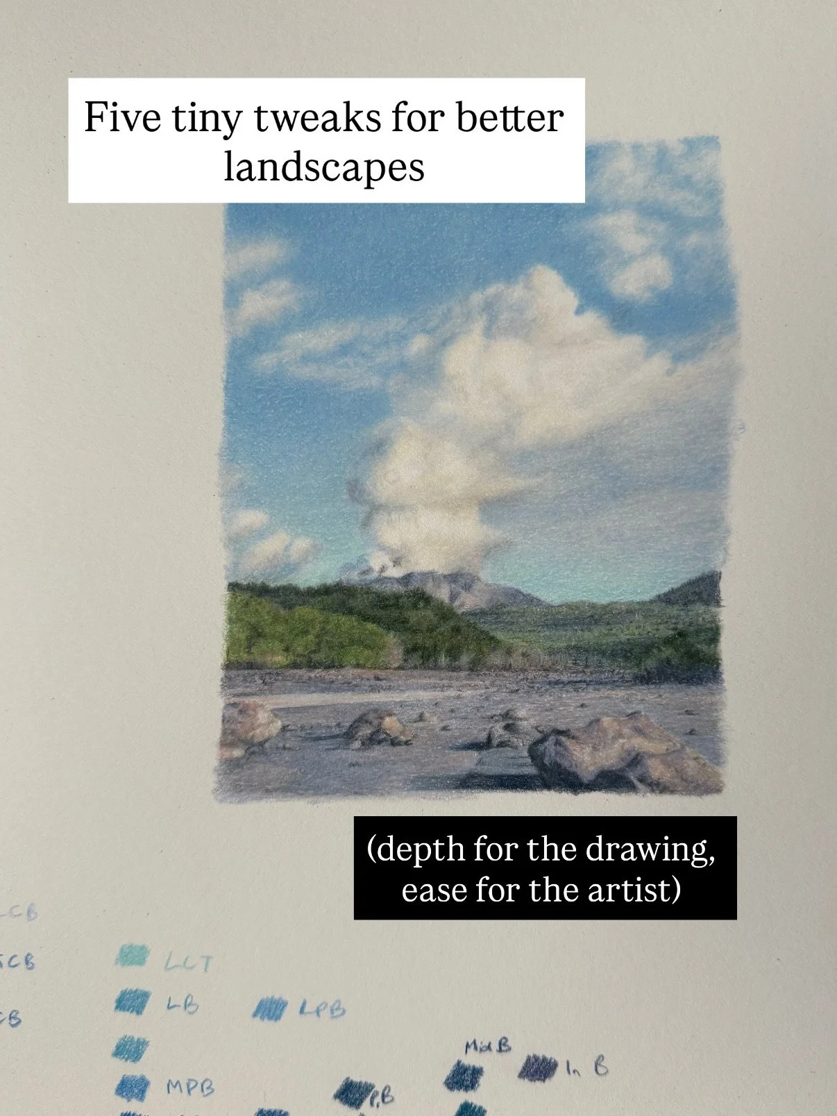 Most coloured pencil artists aren&rsquo;t stuck because they can&rsquo;t draw landscapes &ndash; they&rsquo;re overwhelmed trying to draw everything they see.

Here are the tweaks I made to my practice:

1. Split into three layers: Foreground, midgro