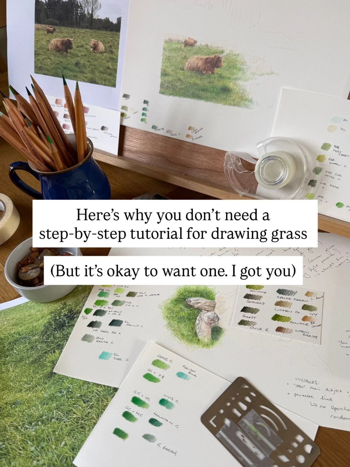 These notes have sat in my sketchbook for ages. But that&rsquo;s not useful for anyone. Here&rsquo;s hoping they help anyone stuck when it comes to drawing grass. But promise me you won&rsquo;t overthink it?

A grassy field is fluffy with clumpy bits