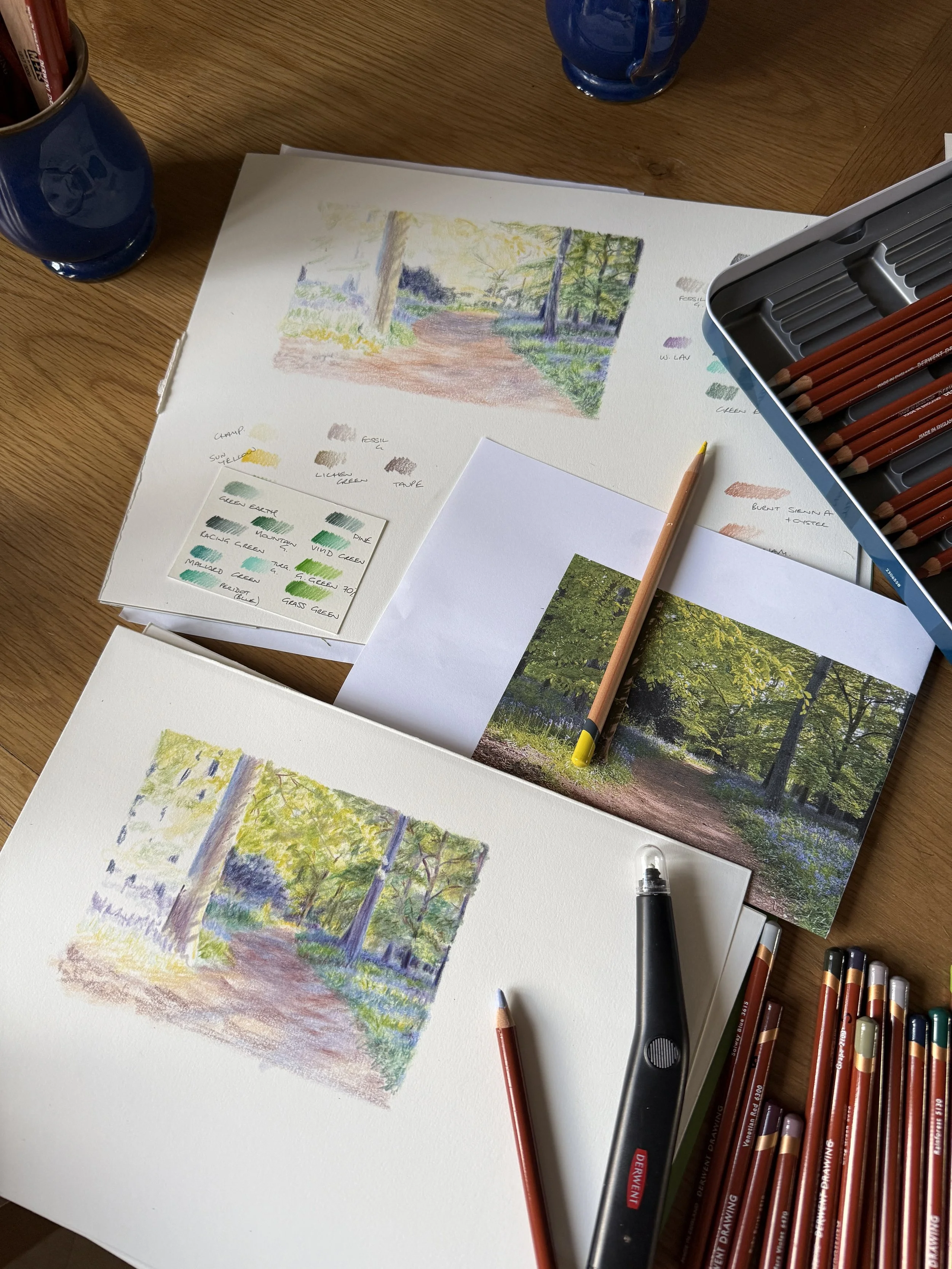 Coloured pencil landscape sketches