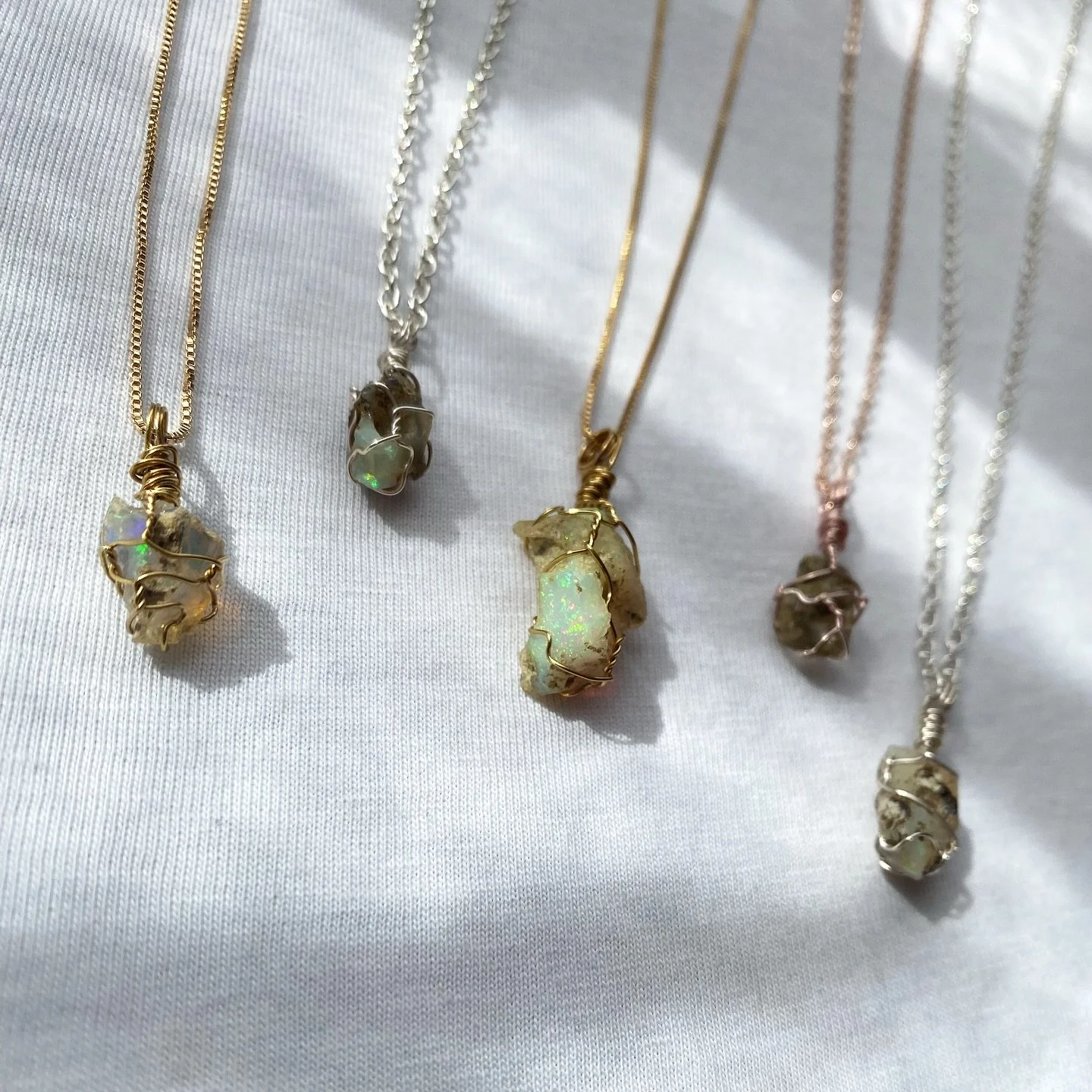 Delightful Opal treasures 🤩✨

I&rsquo;ve created a small collection of necklaces, using the most beautiful pieces of Ethiopian Welo Opals. 

The perfect gemstone for October birthdays! 🤍

They are all wrapped in a non-tarnish plated wire, 2 in silv