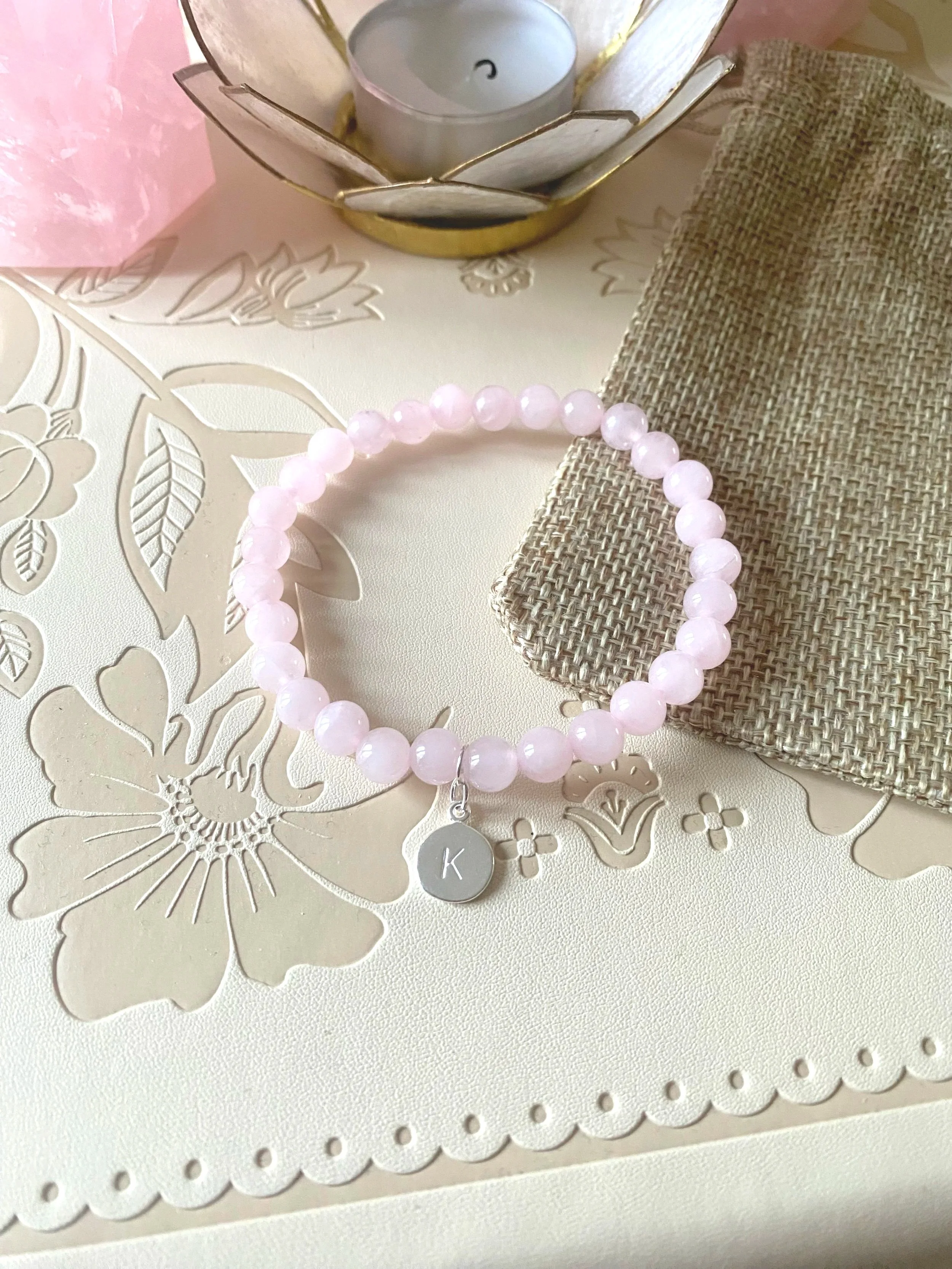 Rose Quartz Beaded Bracelet with initial Charm.