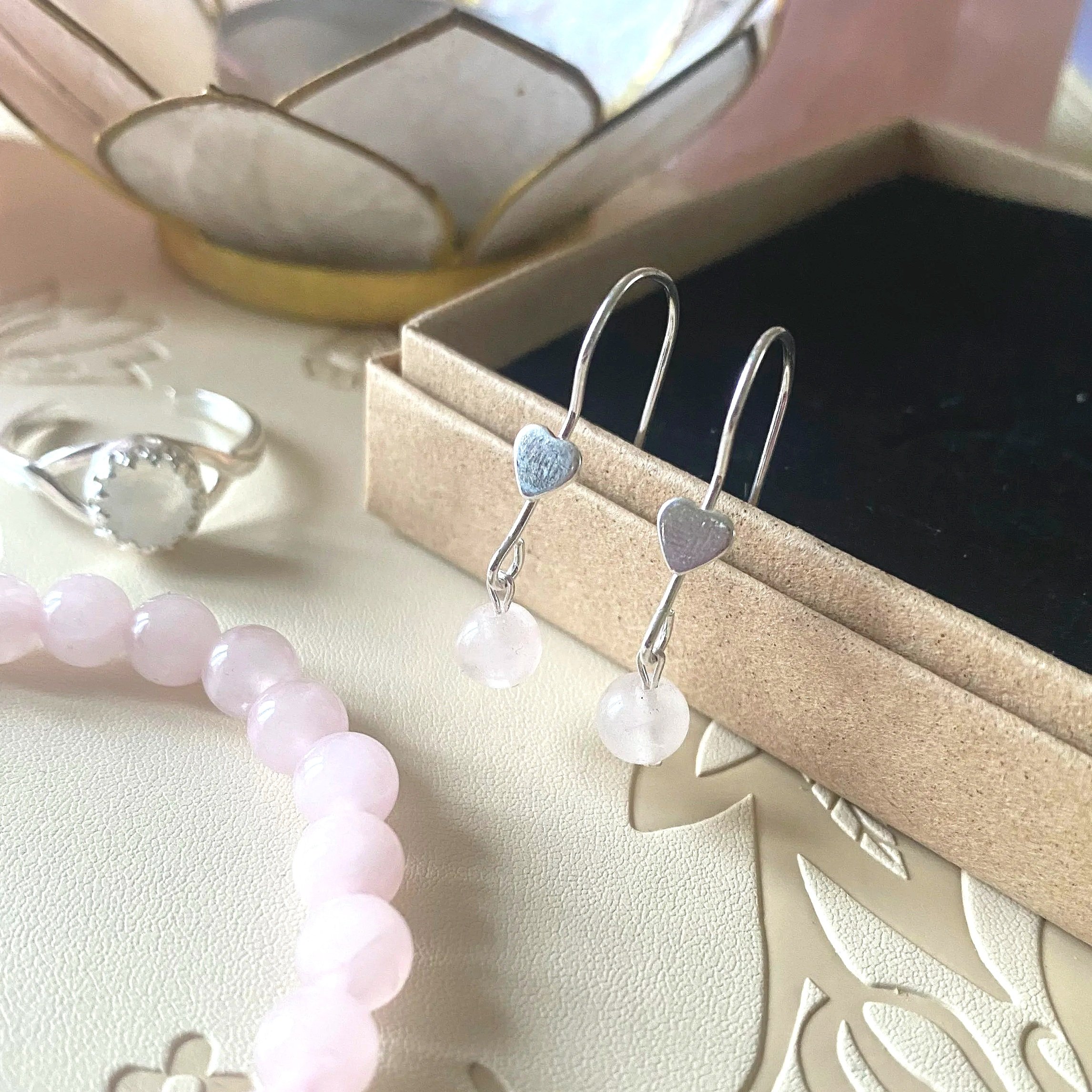 Rose Quartz Heart Drop Earrings - Sterling Silver