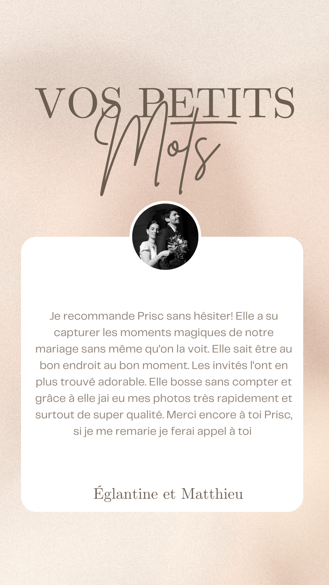 Page de témoignage d'une recommandation pour un photographe de mariage, avec une photo en noir et blanc d'un couple et un message de remerciement signé Églantine et Matthieu.