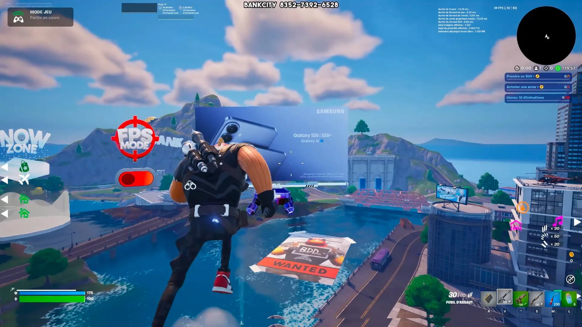 Screenshot from a video game showing a character jumping off a building. The cityscape includes large billboards, buildings, and mountains in the background under a partly cloudy sky. The game interface displays various options, stats, and a mini-map.