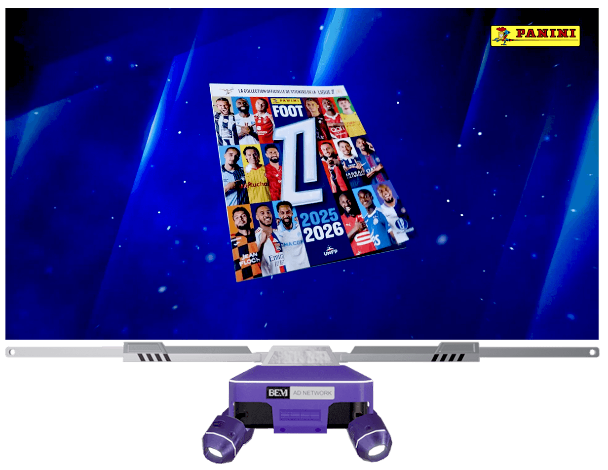 A futuristic digital display screen showing the cover of a Panini football sticker album for Ligue 1 for the 2025-2026 season.