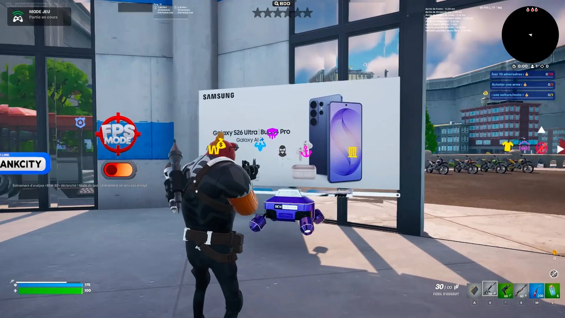 Screenshot from a video game showing a character aiming a rifle near a Samsung advertisement for Galaxy S26 Ultra, Galaxy A, and Galaxy Pro smartphones, with several icons and game interface elements on the screen.