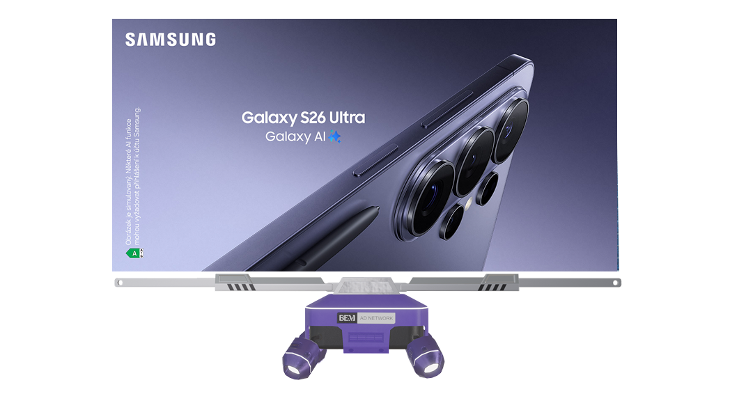 Large Samsung advertisement for the Galaxy S26 Ultra smartphone, featuring a close-up image of the phone's camera array. There is a purple device with two hinges in front of the display.