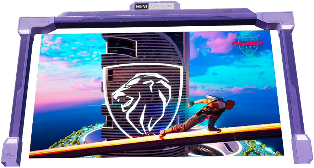 A digital billboard with a sci-fi cityscape, featuring a running figure with a backpack, the lion logo of Mercedes-Benz, and the words "Future City" in red, displayed in a futuristic setting.