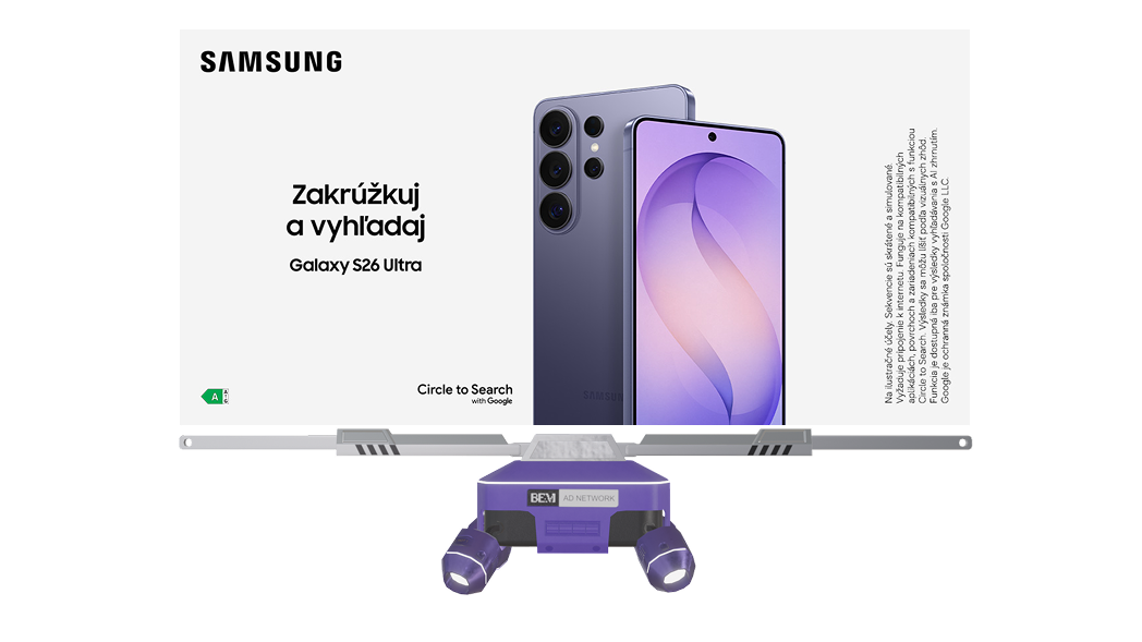 Samsung Galaxy S26 Ultra smartphone display with an advertisement in Slovak language. The phone features a purple display on the front and a purple back with multiple camera lenses. In front of the screen, there is a purple device.