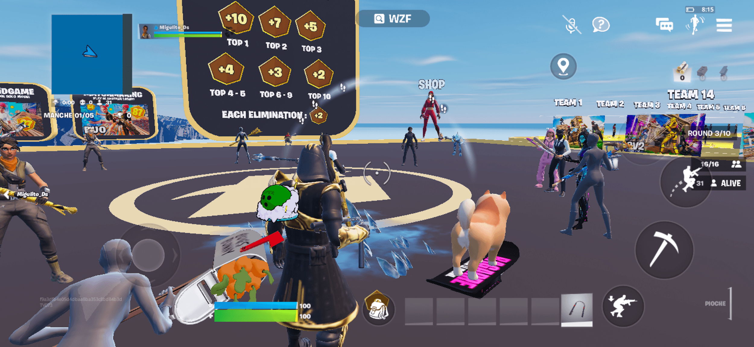 A video game scene showing a multiplayer lobby or gameplay area with various characters, including a character with a skull backpack, a dog figure, and multiple players holding weapons. The game interface displays health bars, weapon icons, and game information on the screen.