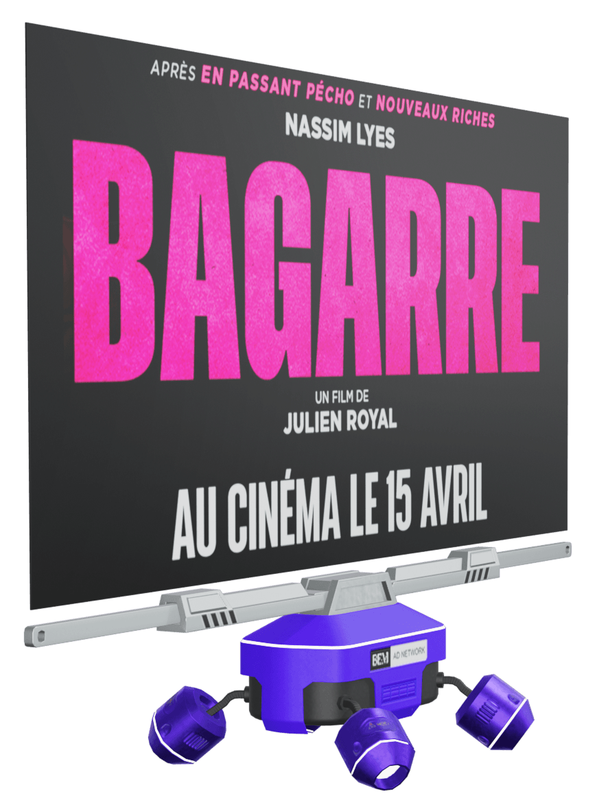 A movie poster for the film 'Bagarre' directed by Julien Royal, starring Nassim Lyes. The poster has a black background with large pink and white text, announcing the release date as April 15 at the cinema.