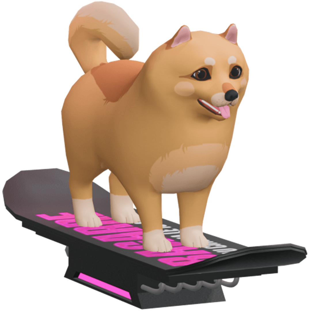 A cartoon Shiba Inu dog with a fluffy tail, standing on a snowboard with pink and white text.