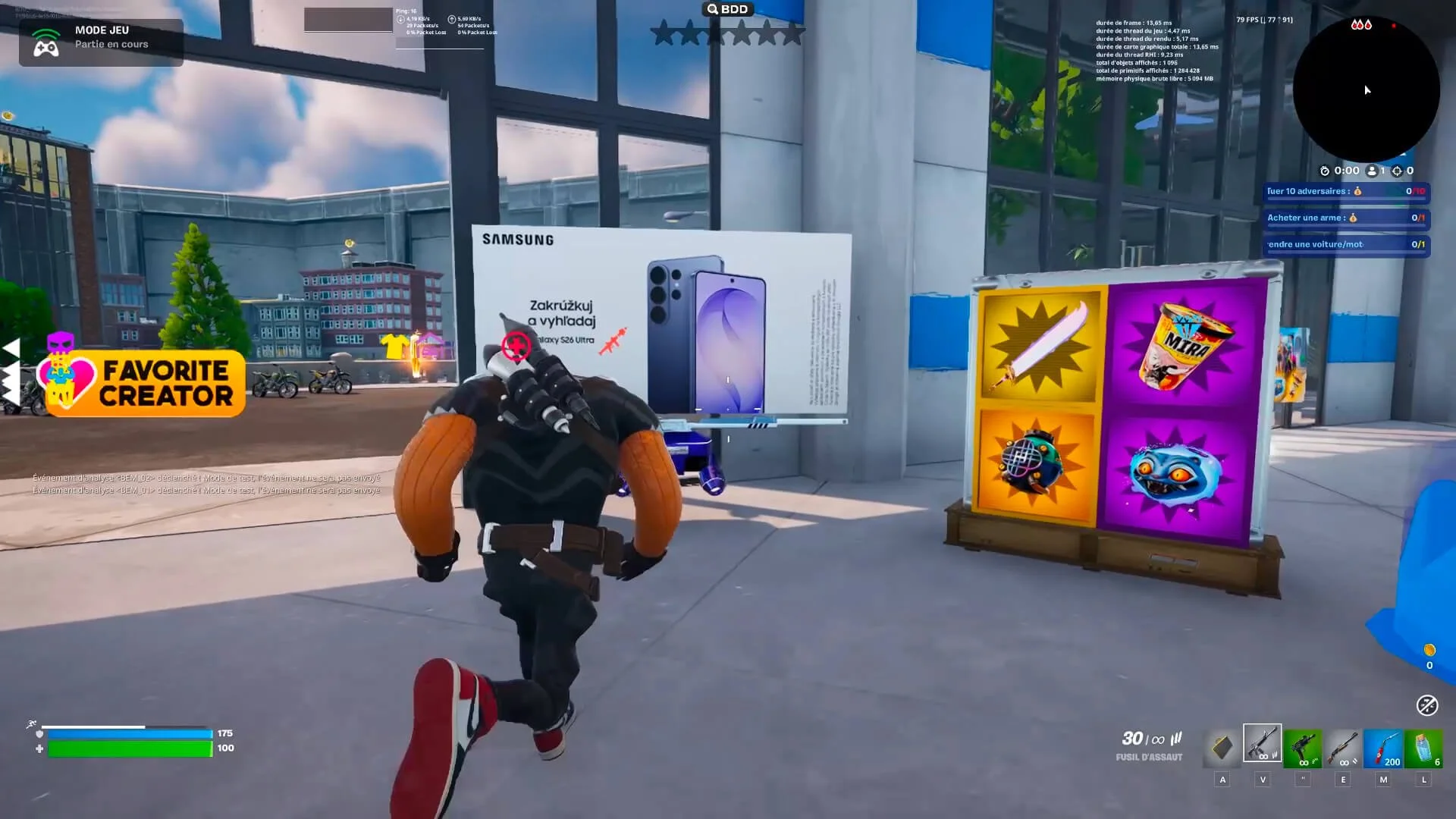 Screenshot from a video game showing a character running in front of a store display with a Samsung phone advertisement and a colorful vending machine or loot box with various icons. The game is in French and appears to be a first-person shooter or action game.