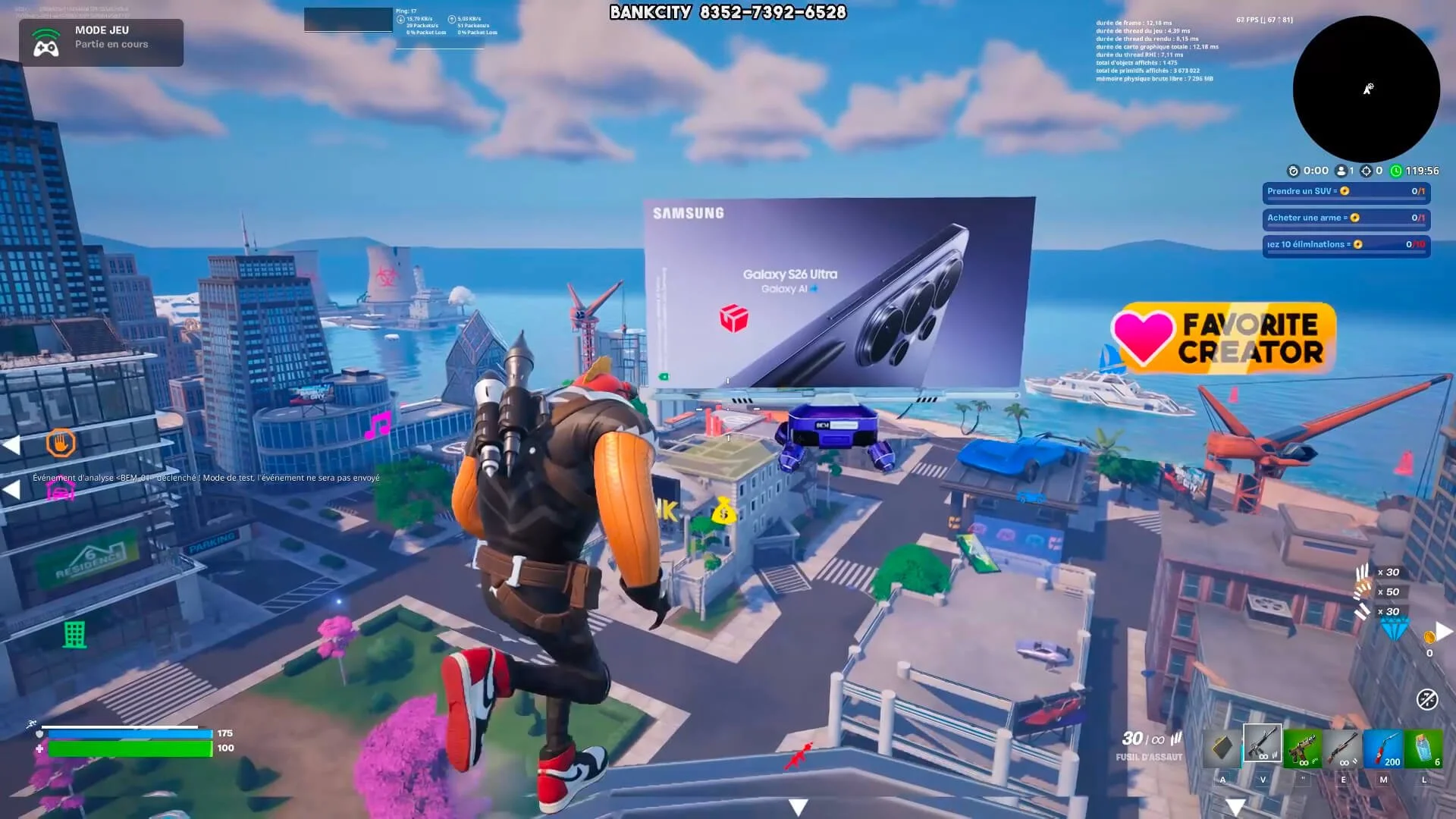 A screen capture from a video game showing a character jumping in a cityscape with tall buildings, boats, and construction cranes. A large Samsung Galaxy S26 Ultra advertisement is displayed in the sky, and there are various game icons and stats visible on the screen.