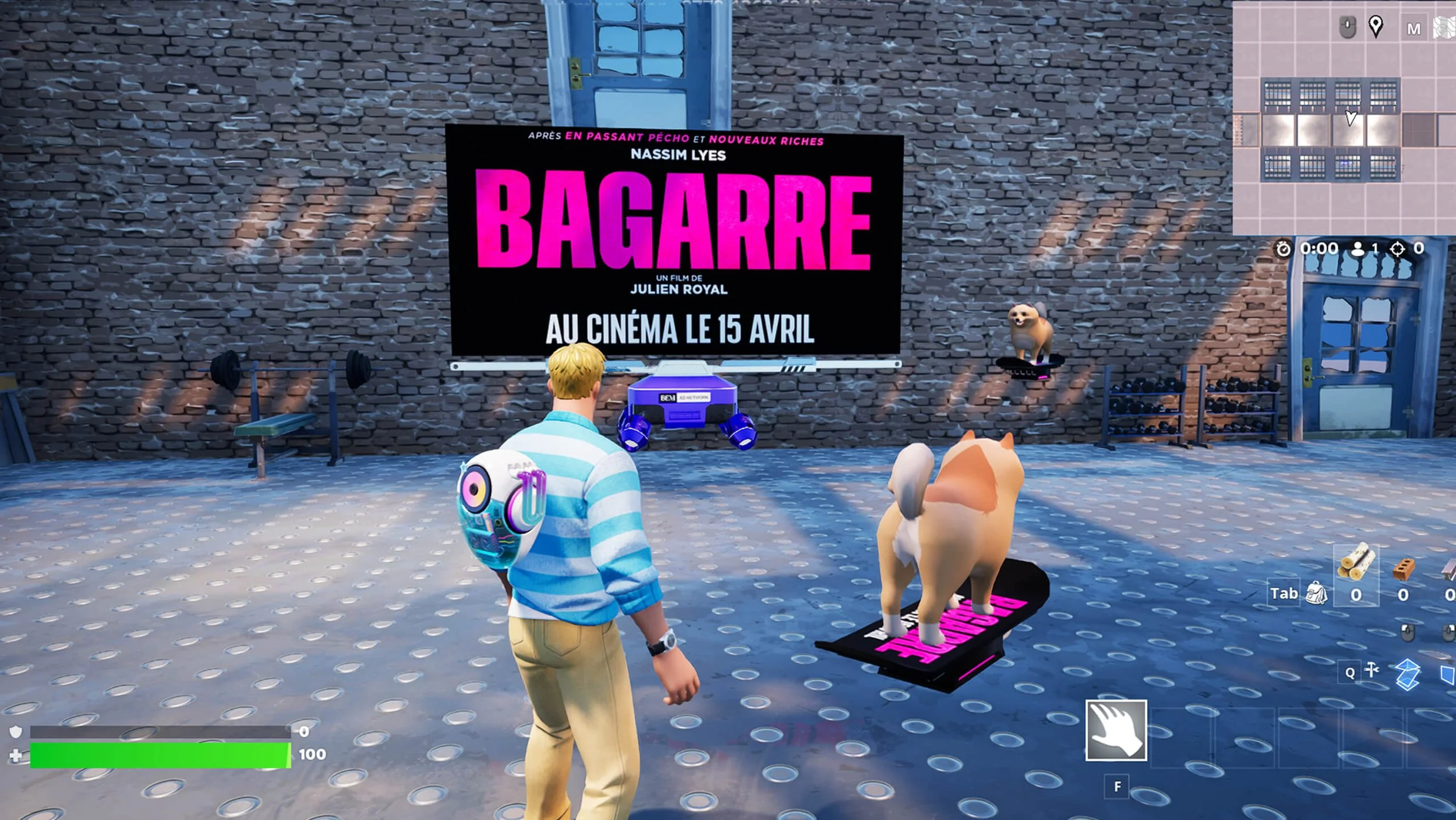In a virtual gaming environment, a character with blonde hair, wearing a striped shirt and beige pants, stands in front of a brick wall with a large black poster advertising a film titled "Bagarre" with bright pink text. A dog on a skateboard is nearby, a bench, weights, and a door are also visible, with digital interface icons on the screen.