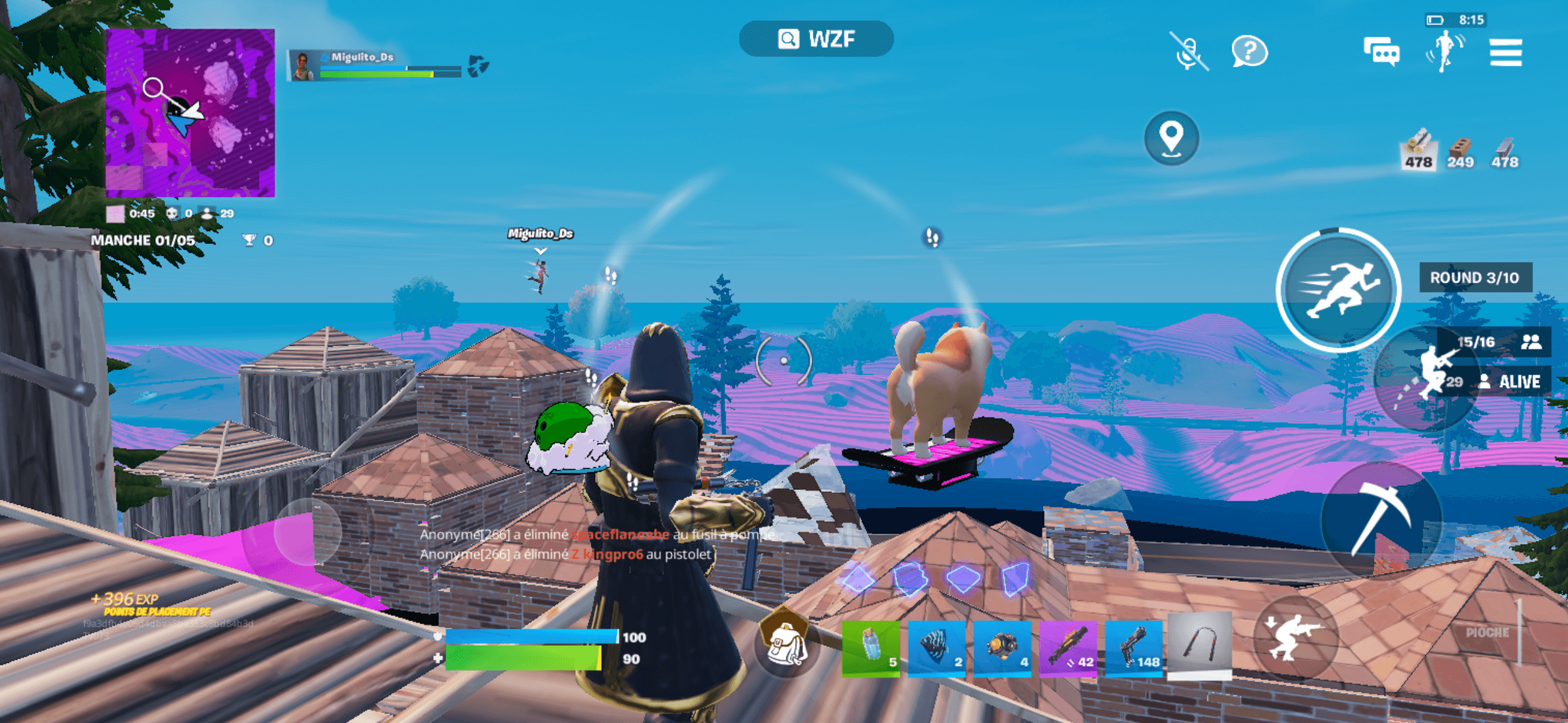 Video game scene featuring a character on a rooftop aiming at opponents, with trees, rooftops, and a blue sky background.