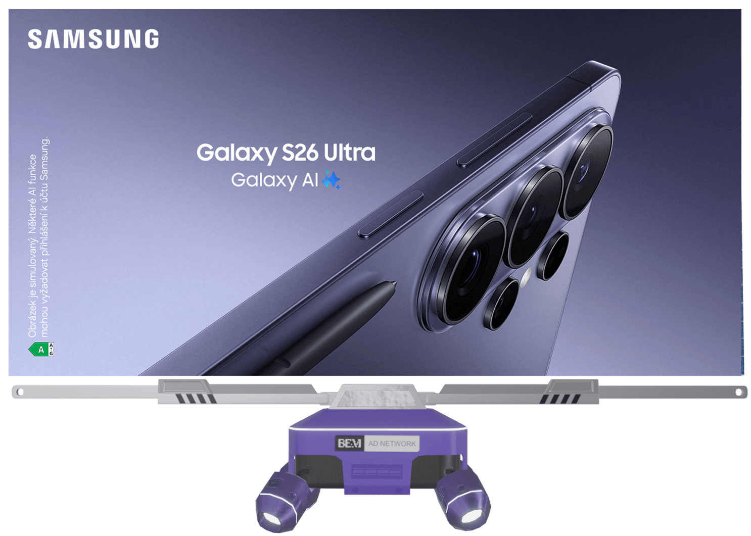 A Samsung Galaxy S26 Ultra smartphone displayed on a screen with a purple and gray background, showing the phone's camera lenses. The screen includes text that reads 'Samsung Galaxy S26 Ultra Galaxy AI' and a green energy efficiency label at the bottom left corner.