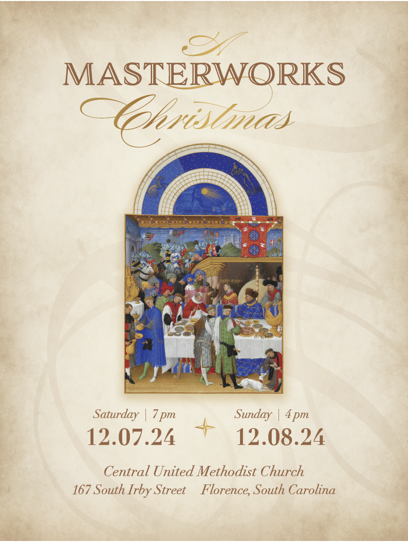 A poster for a Christmas masterworks event features a medieval-style painting of a festive scene with people gathering around a table, with a blue and gold star-patterned background and text announcing the event dates and location in Florence, South Carolina.