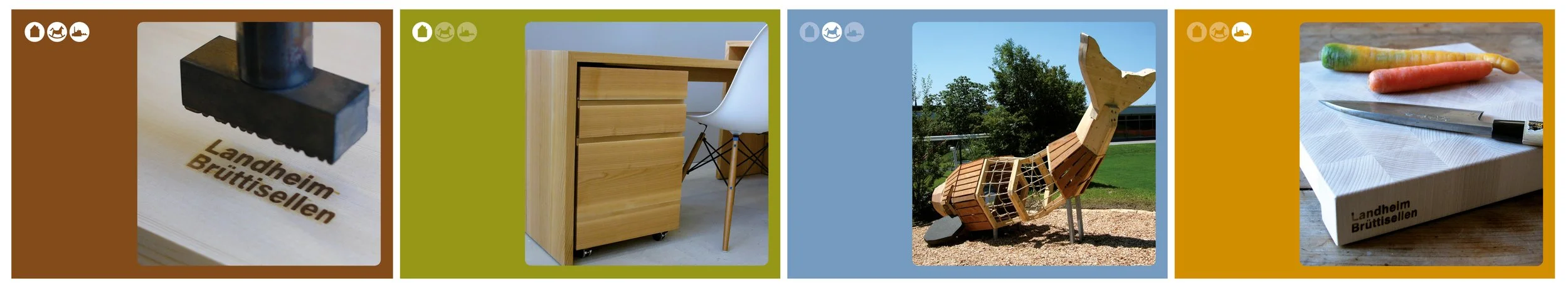 Vier Fotos: 1. Ein Hammer, der auf Holz liegt mit dem Text 'Landheim Bruttisellen'. 2. Ein Küchenwagen aus Holz mit Schubladen und einem weißen Stuhl daneben. 3. Ein aus Holz gebautes Schiffs-Dekorationsstück in Form eines Wals im Freien. 4. Drei Kar
