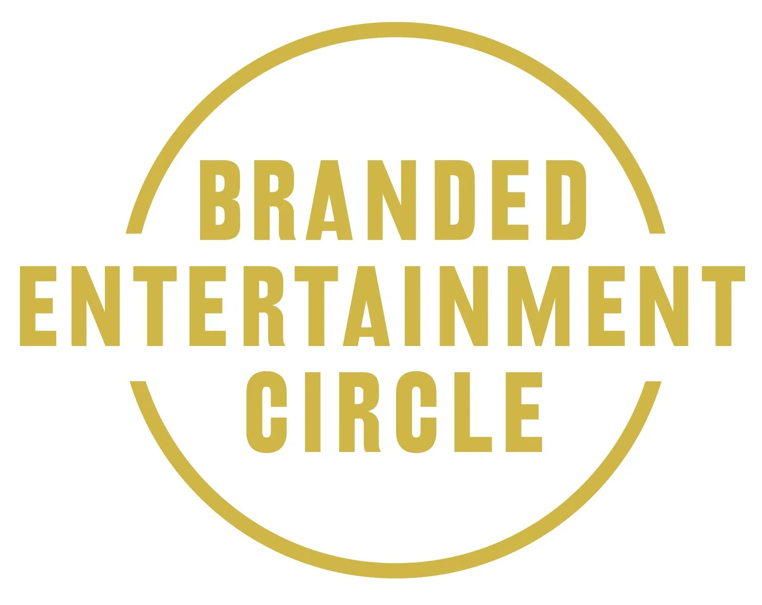 Goldene Schrift auf weißem Hintergrund mit dem Text "Branded Entertainment Circle" innerhalb eines kreisförmigen Rahmens.