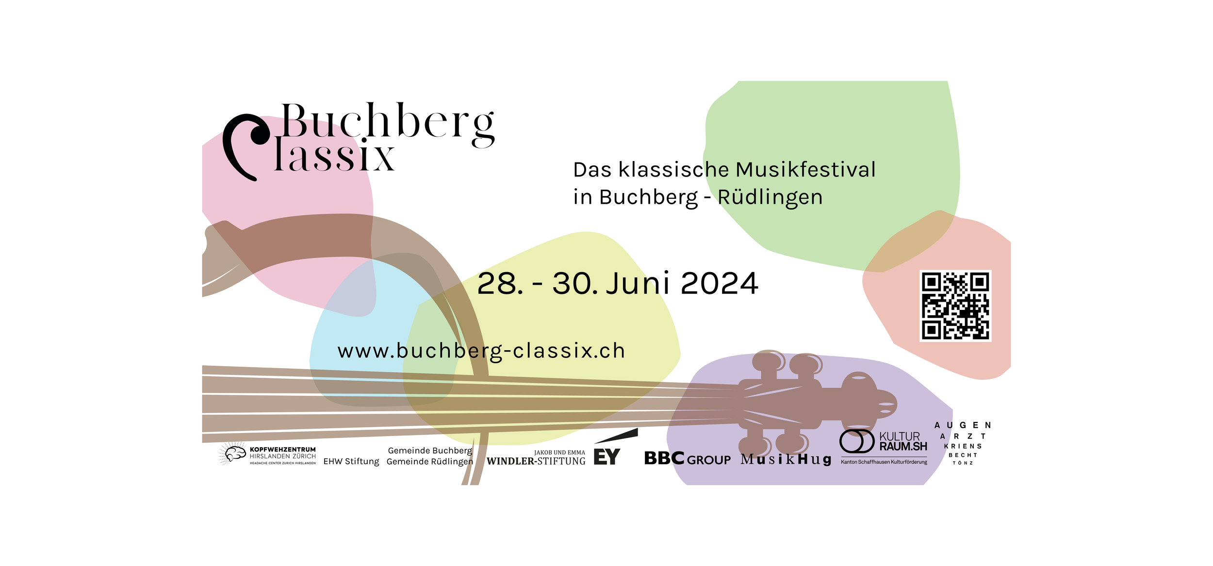 Flyer für das Buchberg Classix Musikfestival vom 28. bis 30. Juni 2024 in Buchberg-Rüdlingen, mit Logo und Webadresse.