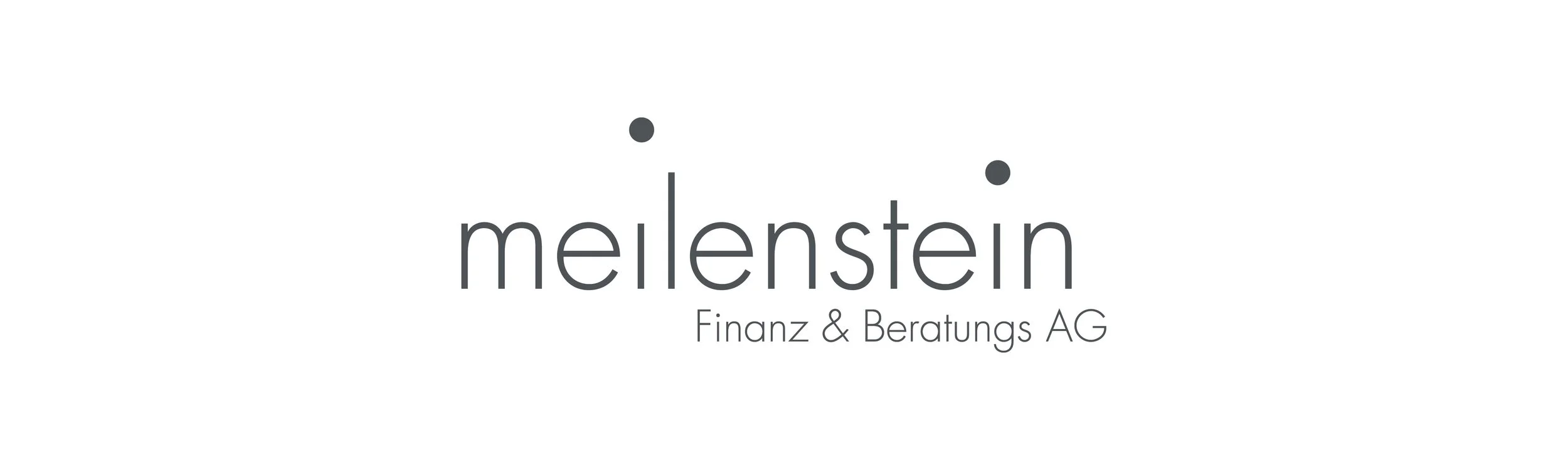 Logo des Unternehmens Melsenstein Finanz & Beratungs AG mit zwei schwarzen Punkten und grauem Text auf weißem Hintergrund.