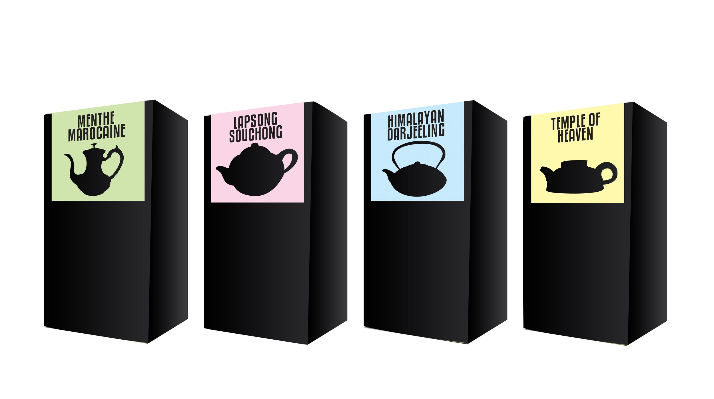 Vier schwarze Teekisten mit bunten Labels, von links nach rechts:  Menthe Marocaine, Lapsong Souchong, Himalayan Darjeeling, Temple of Heaven.