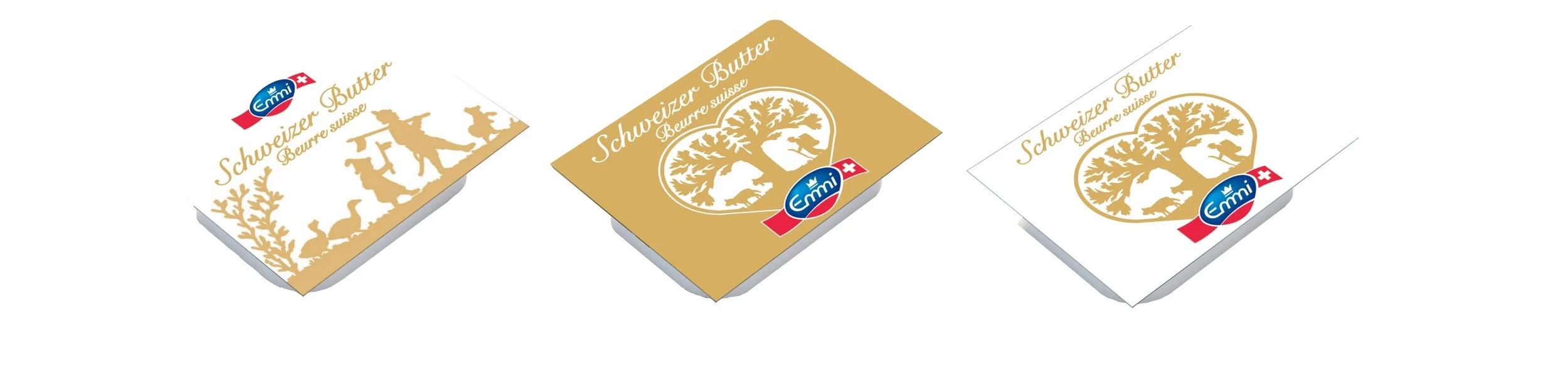 Verpackungen von Schweizer Butter mit goldenen und weißen Hintergründen, mit einem Baum und Tieren, und einem Logo mit Schweizer Flagge, der Marke Emi.