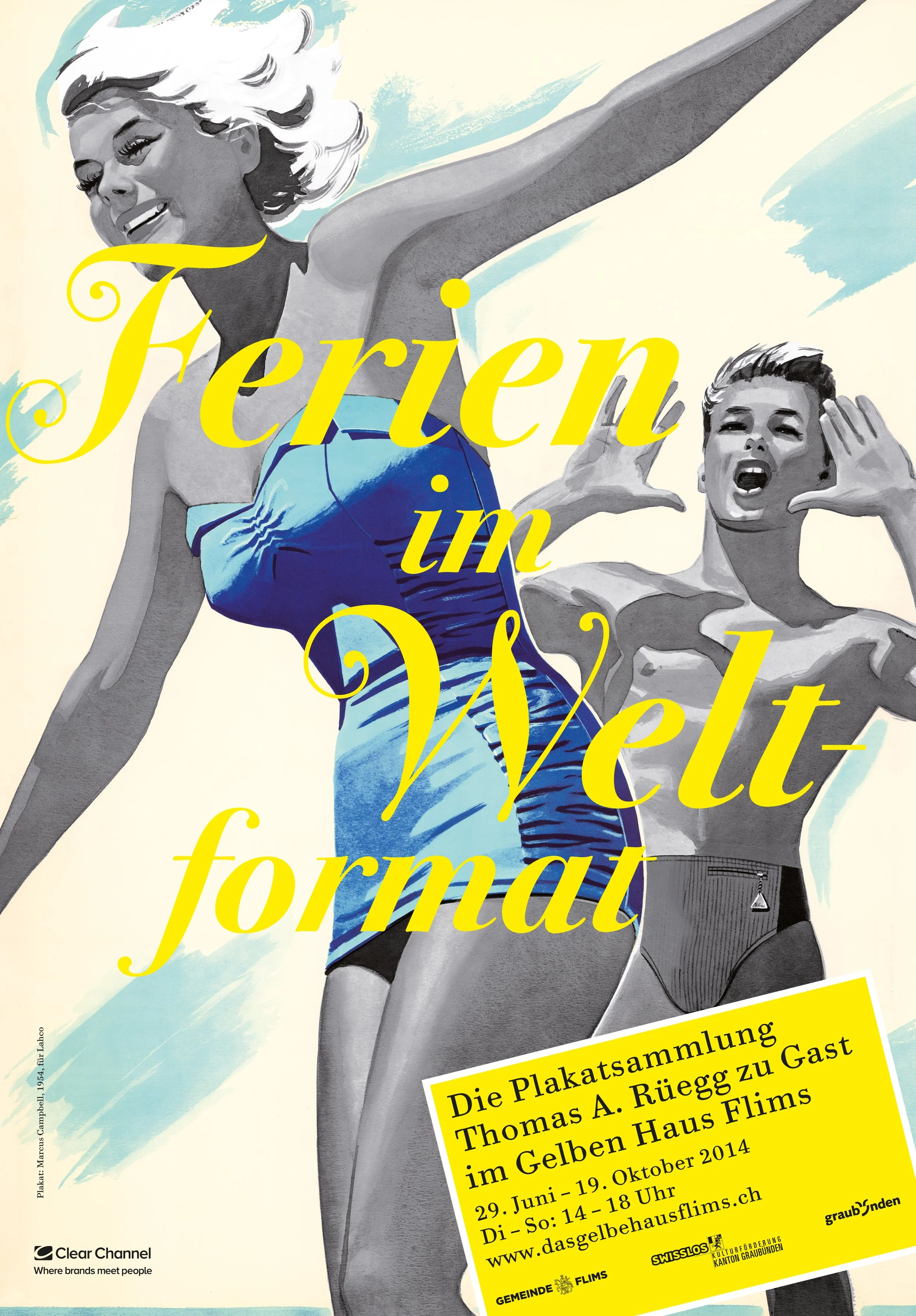 Illustration von zwei Frauen, die im Strandbad schwimmen, mit gelber Plakat-ähnlicher Schrift über ihnen, die Informationen zu einer Ausstellung und Veranstaltung zeigt.
