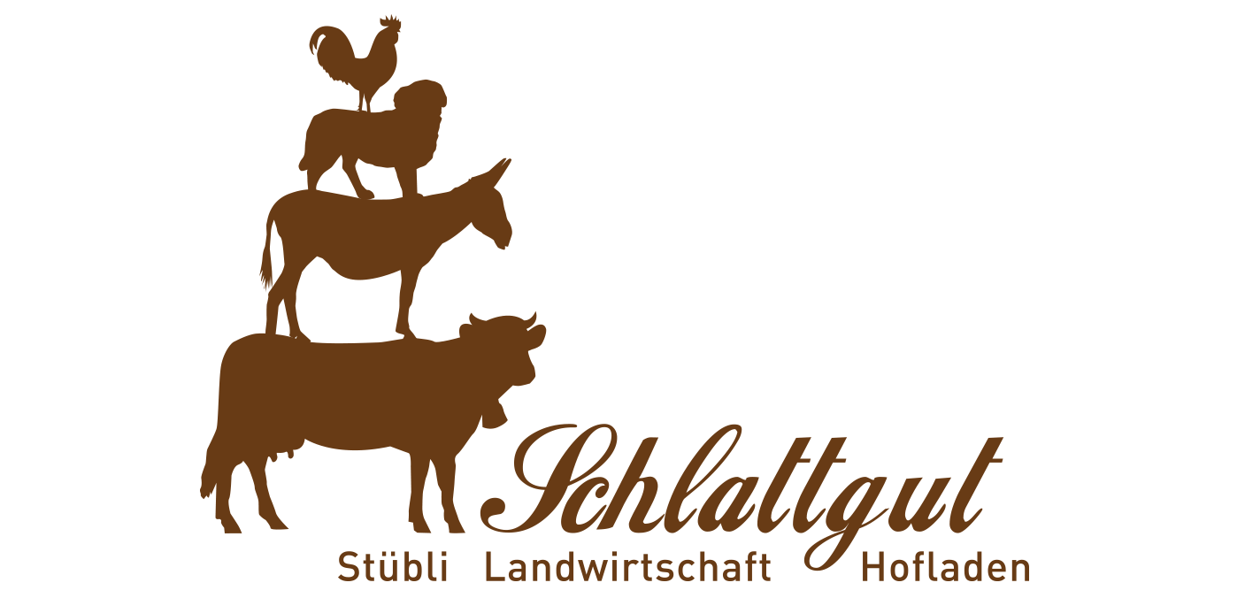 Ein Logo mit einem Tiermännchen, bestehend aus einer Kuh im unteren Bereich, einem Pferd in der Mitte und einem Hahn im oberen Bereich, alles in Braun. Darunter der Schriftzug 'Schlattgut' und die Wörter 'Stübli Landwirtschaft Hofladen'.