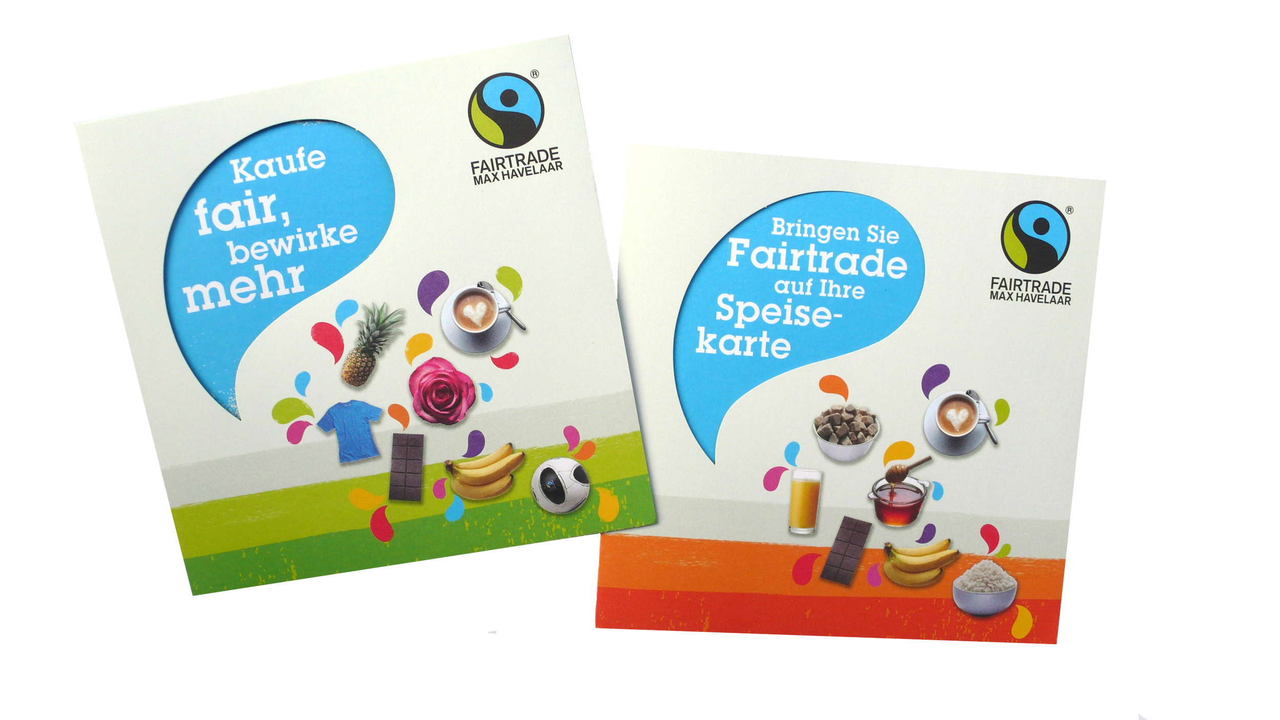 Zwei Flyer für die FAIRTRADE Max Havelaar Kampagne, mit bunten Illustrationen von Lebensmitteln, Getränken und Produkten, und blauen Sprechblasen mit deutschen Texten.