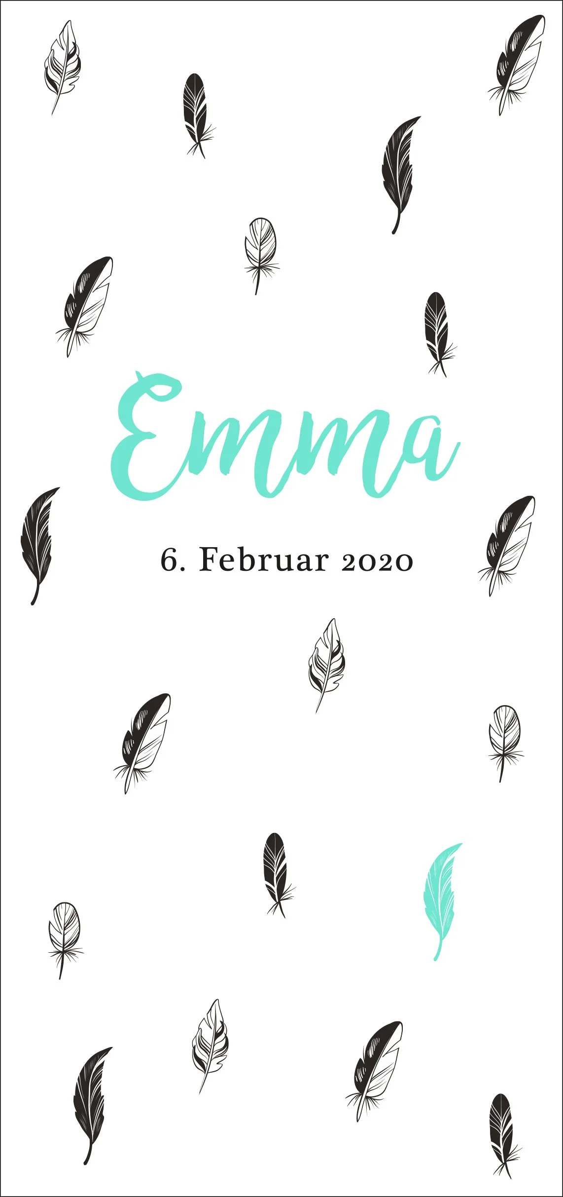 Geburtsanzeige mit dem Namen Emma, Datum 6. Februar 2020, mit schwarzen und grauen Federzeichnungen auf weißem Hintergrund.