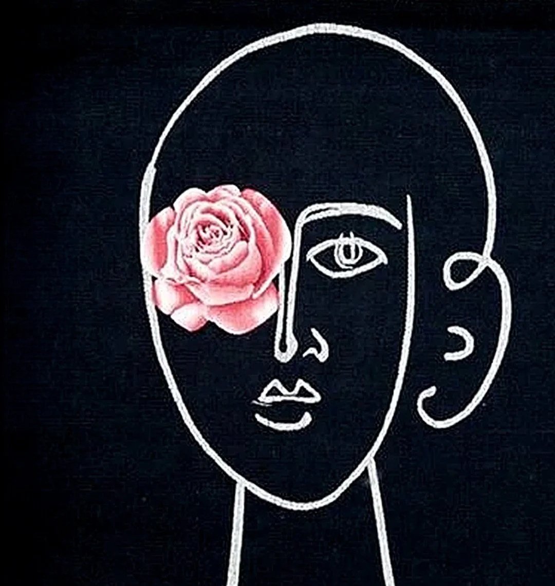 Line drawing of a female face with a pink flower covering one eye, against a black background.
