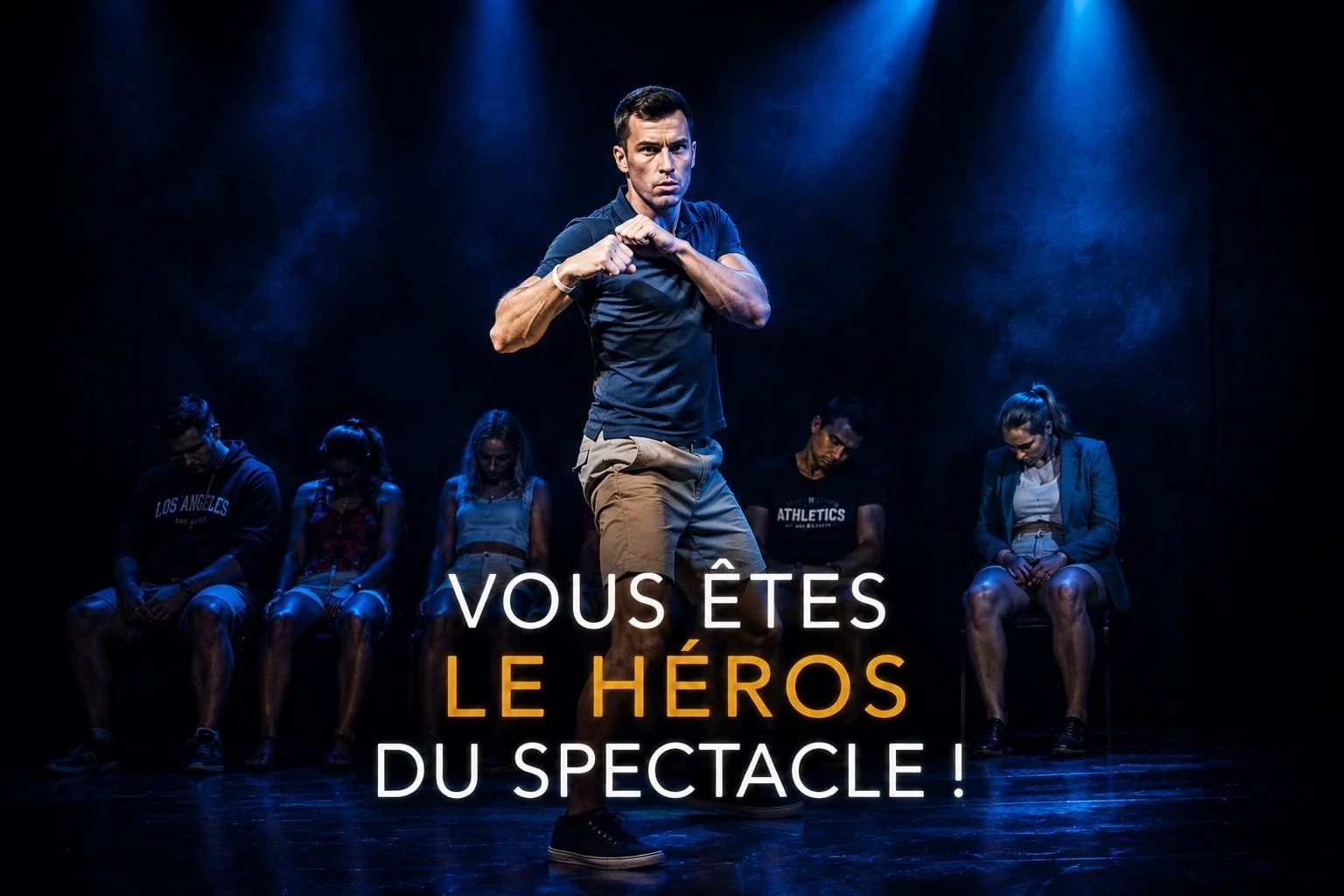 Une scène de spectacle avec un homme en avant-plan faisant une pose de combat ou de danse, entouré de plusieurs personnes assises en arrière-plan, sous des lumières de scène bleues, avec le texte en français "Vous êtes le héros du spectacle".