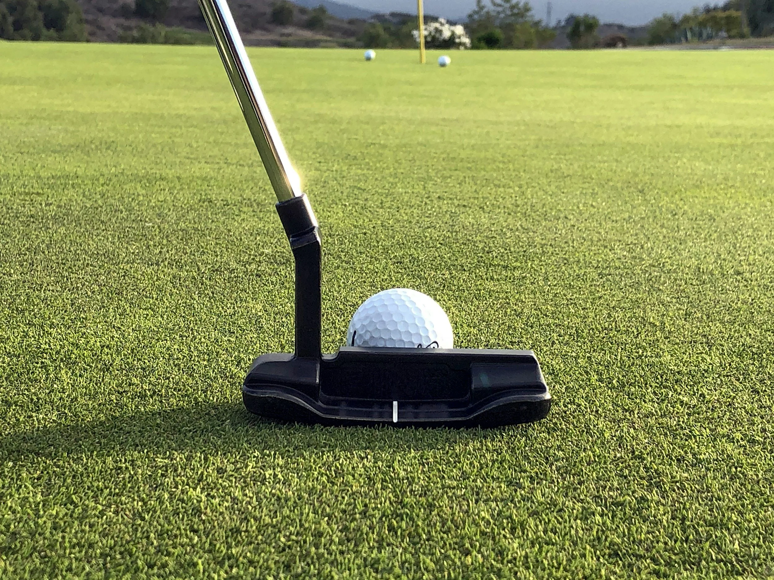 Close-up of a golf ball positioned behind a golf club on a putting green, with two golf balls near the hole in the background.
