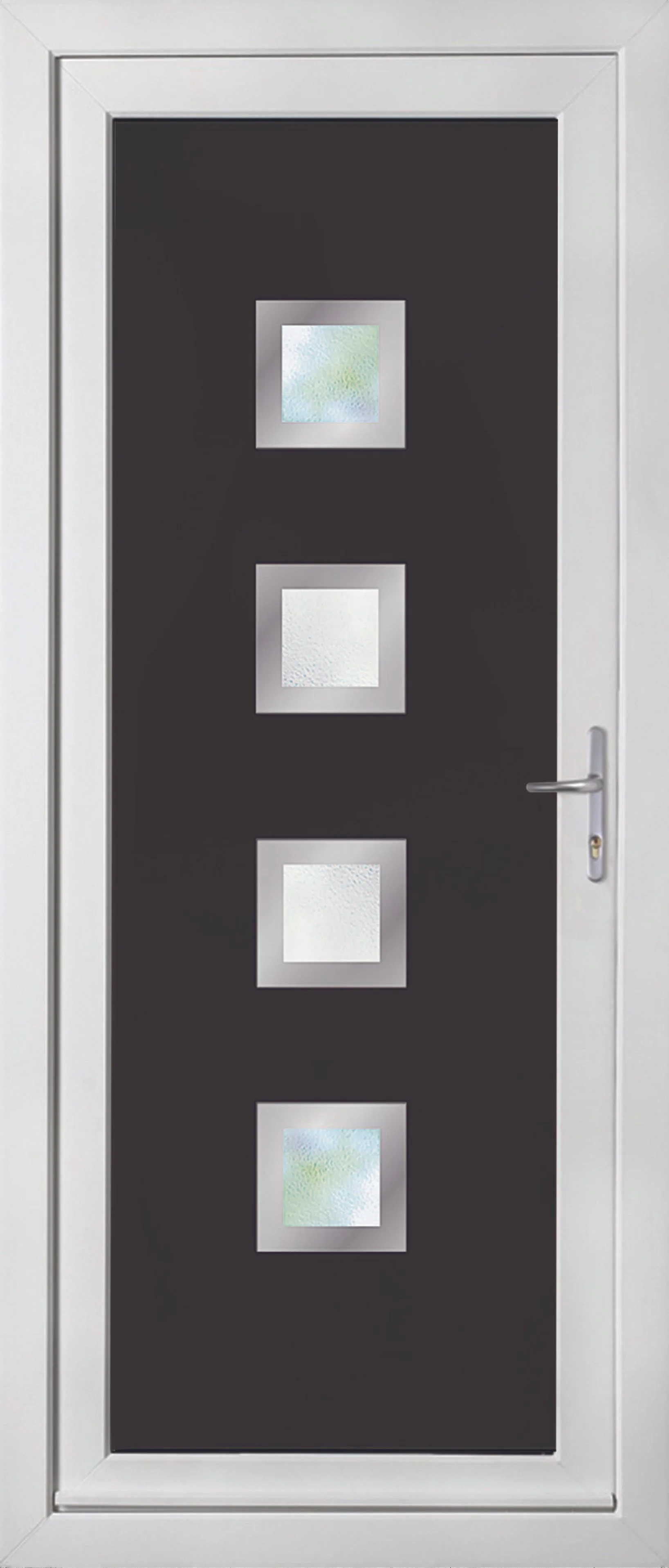 A modern front door with a black surface, four square glass panels with frosted glass, and a silver handle on the right side.