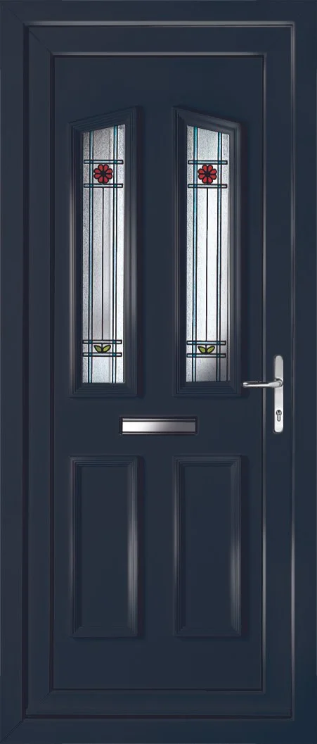 Dark blue front door with two narrow stained glass windows, a mail slot, and a silver handle.