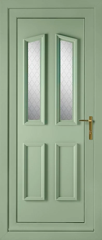 A mint green interior door with two narrow glass panels and decorative molding, equipped with a gold handle.
