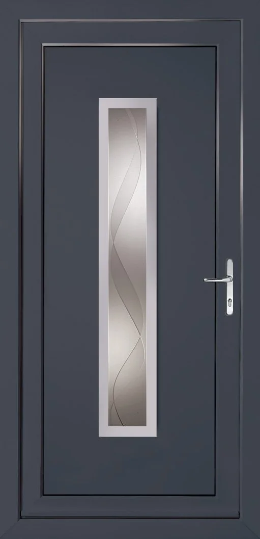 Front view of a dark gray door with a vertical rectangular glass panel featuring a decorative wavy pattern, silver handle, and lock.