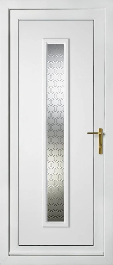 White front door with a vertical glass panel featuring a honeycomb pattern and a brass handle.