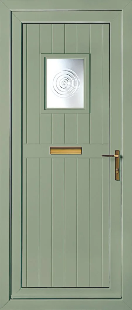 Green wooden door with a small square window and a mail slot, brass handle and lock.