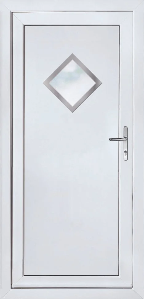 White exterior door with a tilted diamond-shaped window and silver handle.