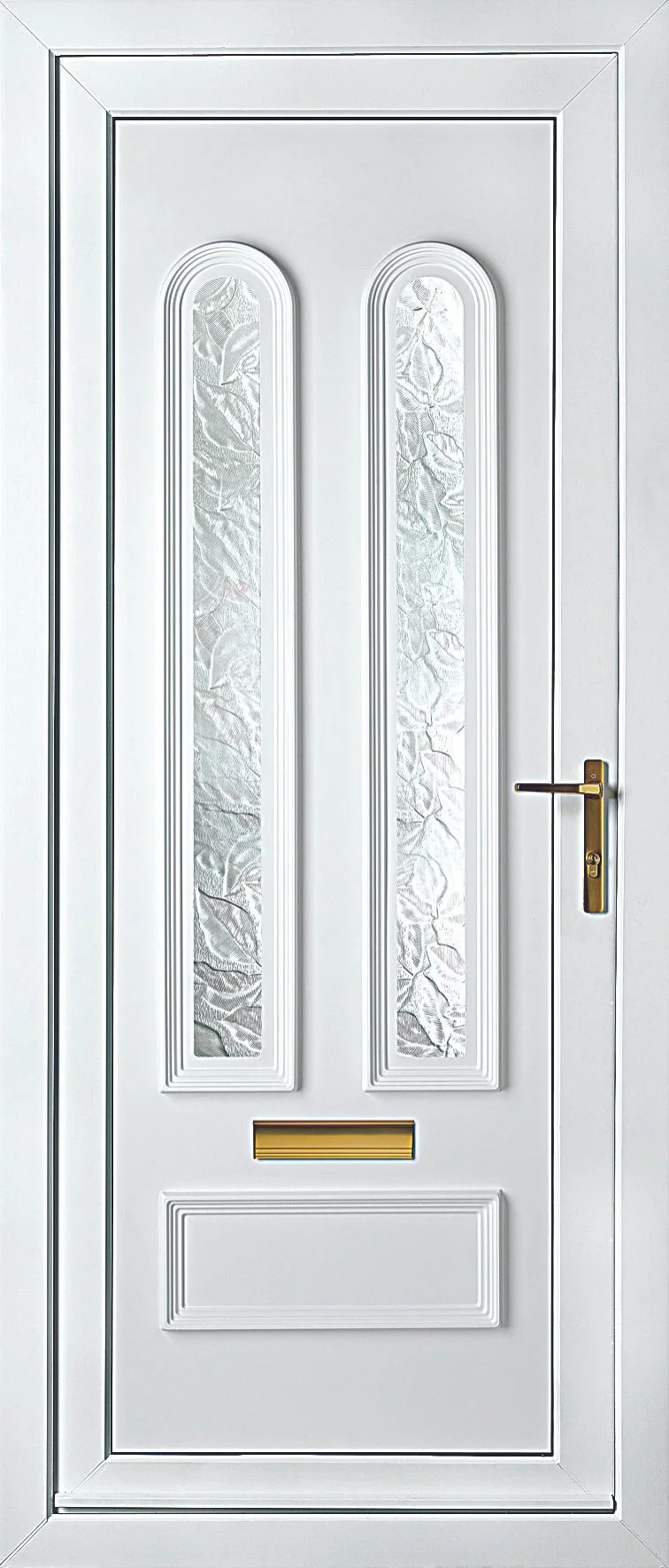 White front door with two decorative glass panels with leaf pattern, a gold mail slot, and a gold handle.