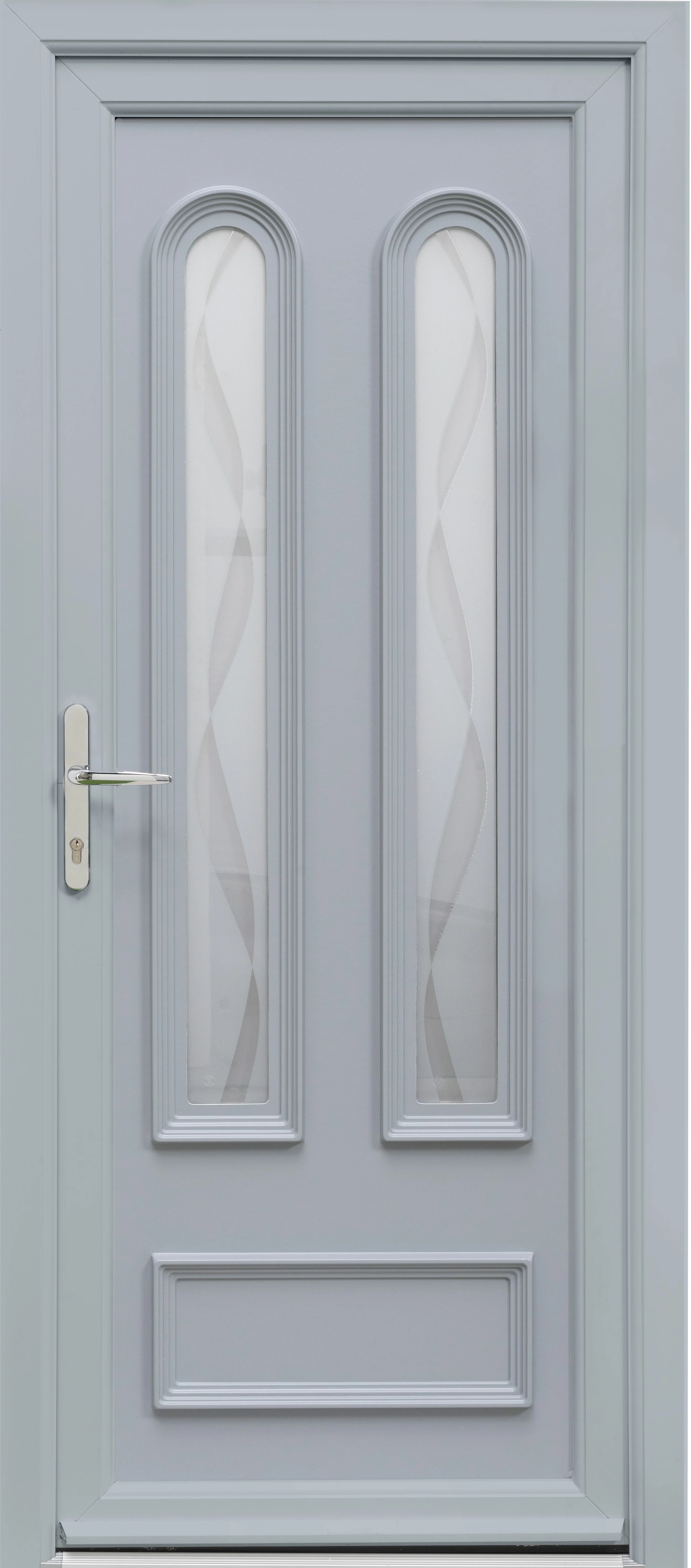 Gray front door with decorative glass panels and a silver handle.