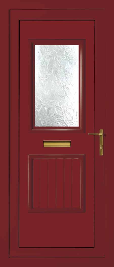 Red exterior door with a frosted glass window, a brass mail slot, and a brass handle.