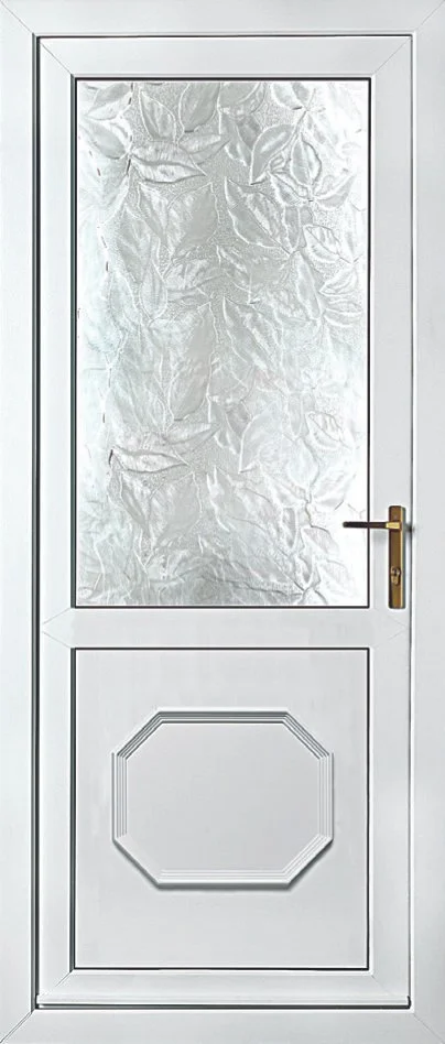 White exterior door with a textured glass window and decorative panel, gold-colored handle.