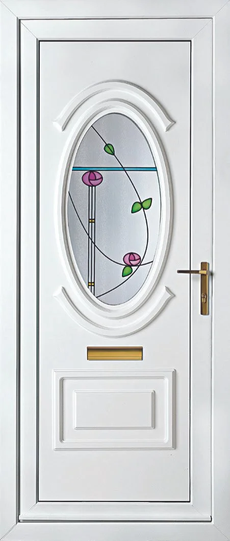 White front door with an oval stained glass window featuring pink roses and green leaves.