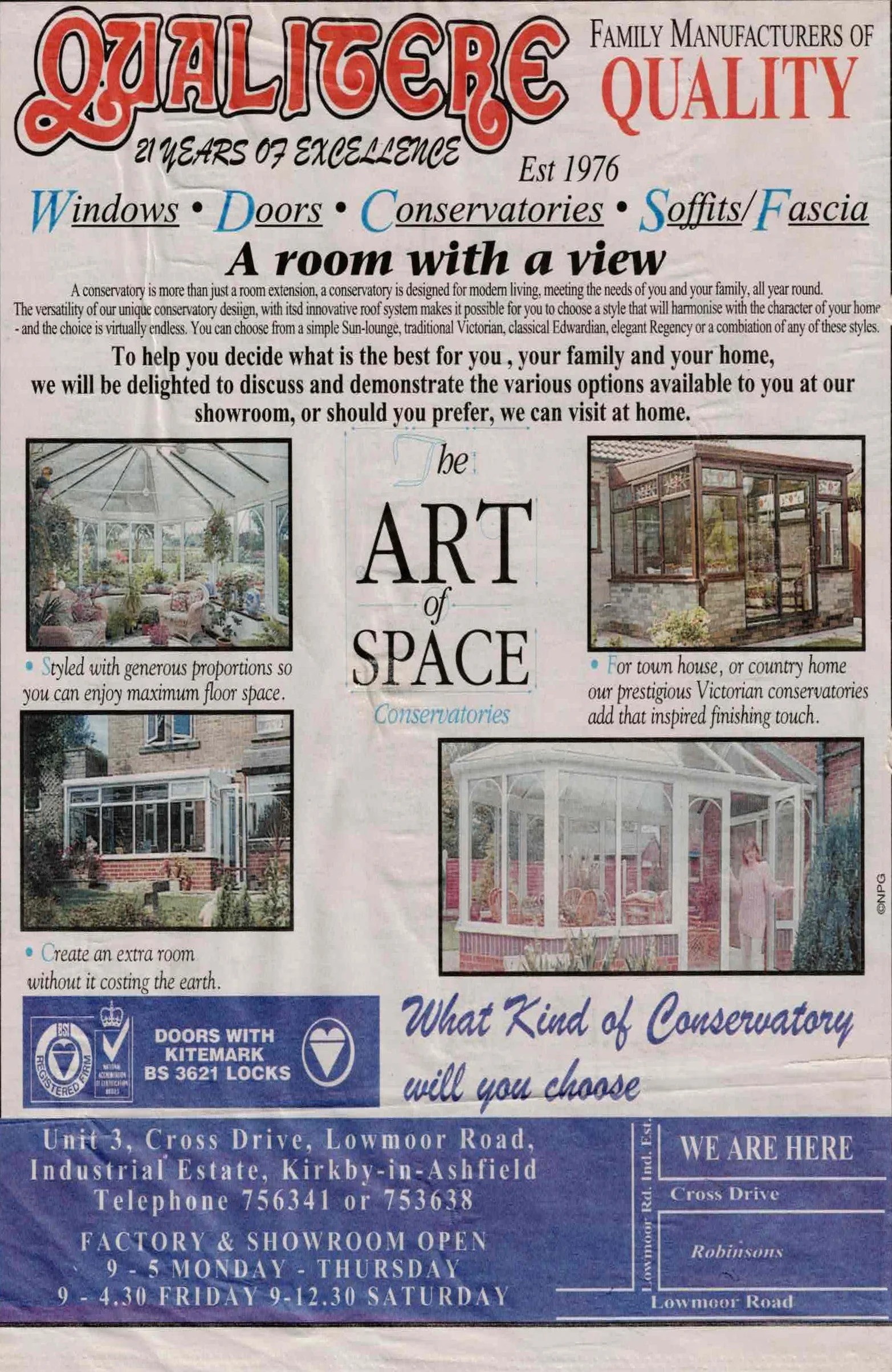 Advertisement for Qualigere, a family business specializing in conservatories and garden rooms, celebrating 21 years of excellence since 1976, featuring images of different styles of conservatories.