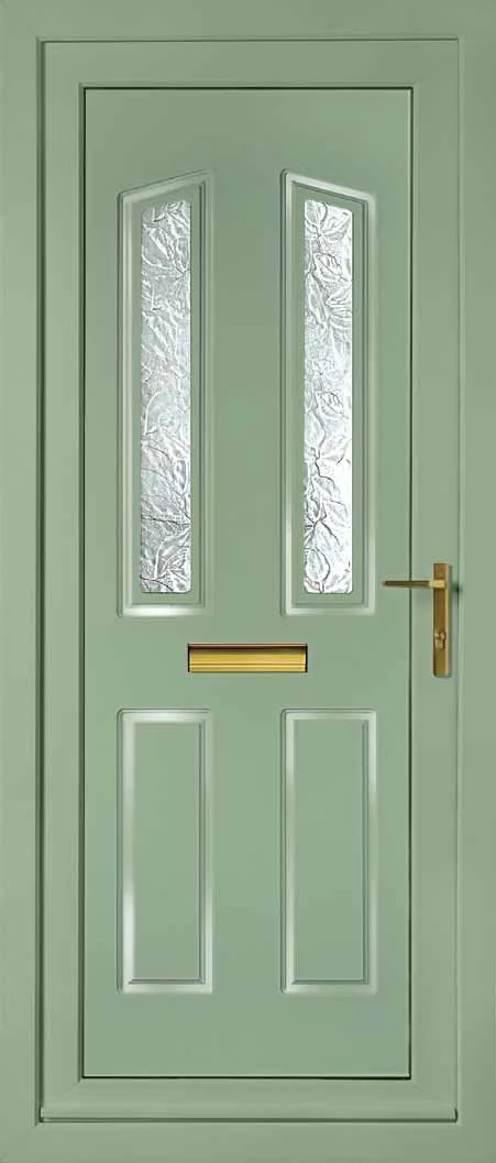 A light green front door with two vertical frosted glass panels and a brass mail slot, with a brass door handle on the right side.